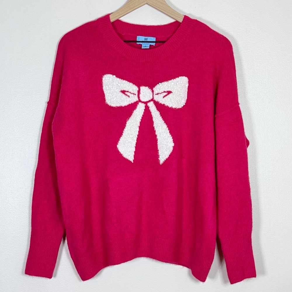 CeCe Womens Sweater Size M Pink White Sequin Bow Relaxed Fit Coquette Preppy